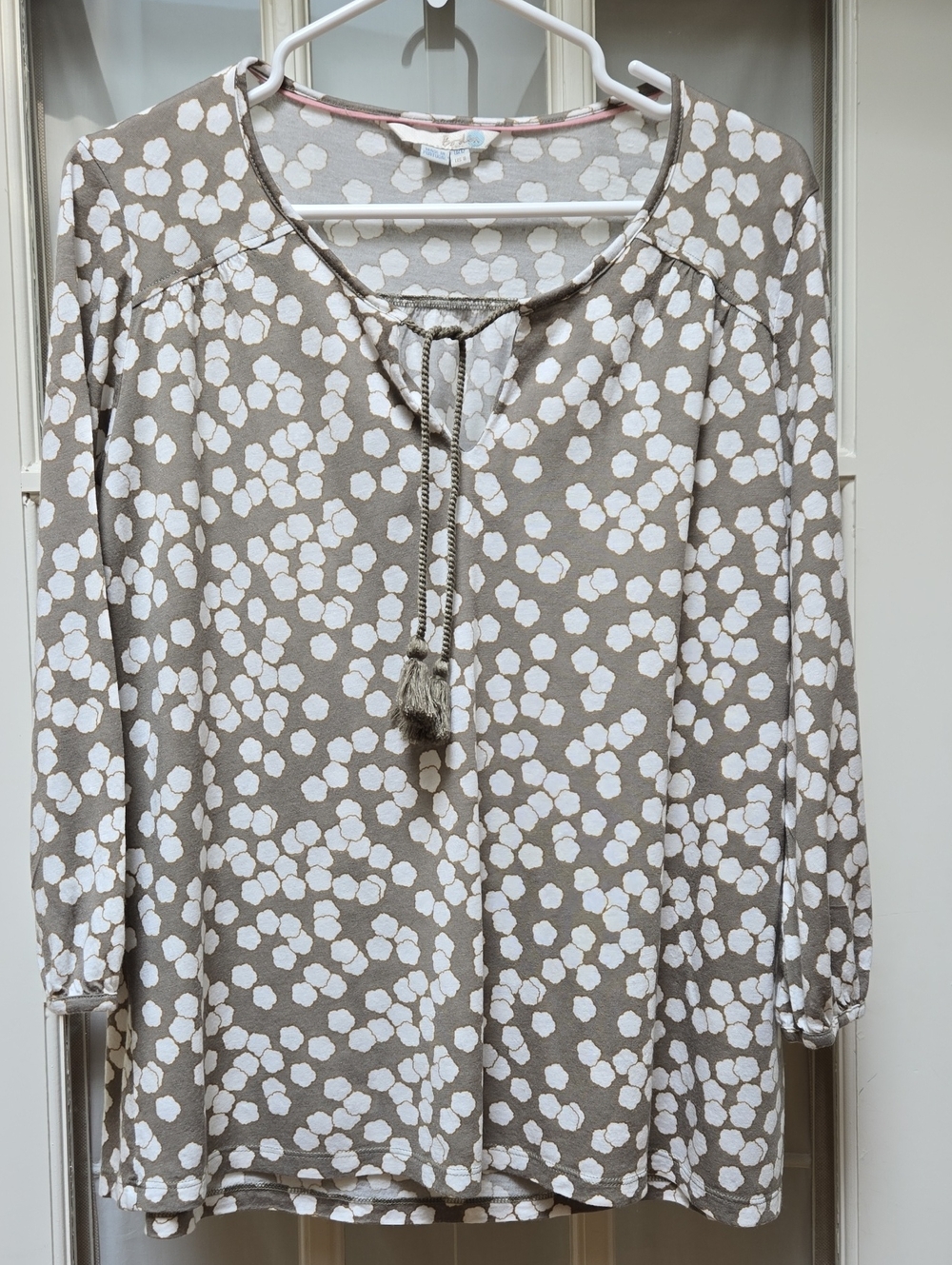 Boden Taupe and White Tassel Tie-Neck Blouse